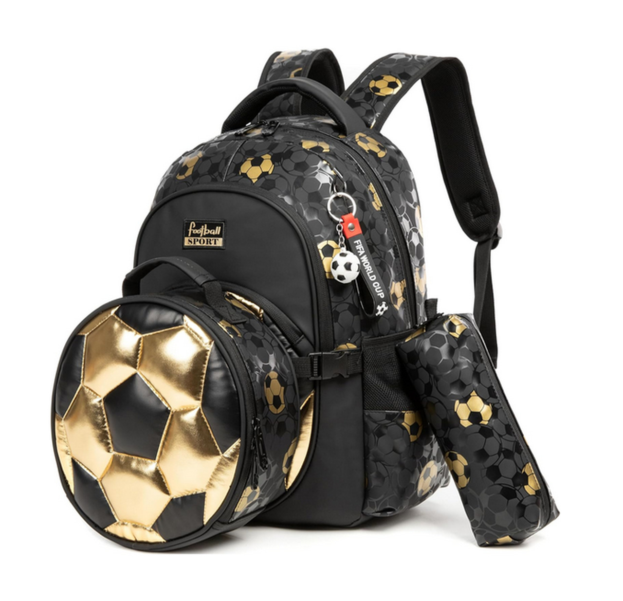Conjunto Escolar futebol 3 peças: Mochila + Lancheira + Porta Lápis