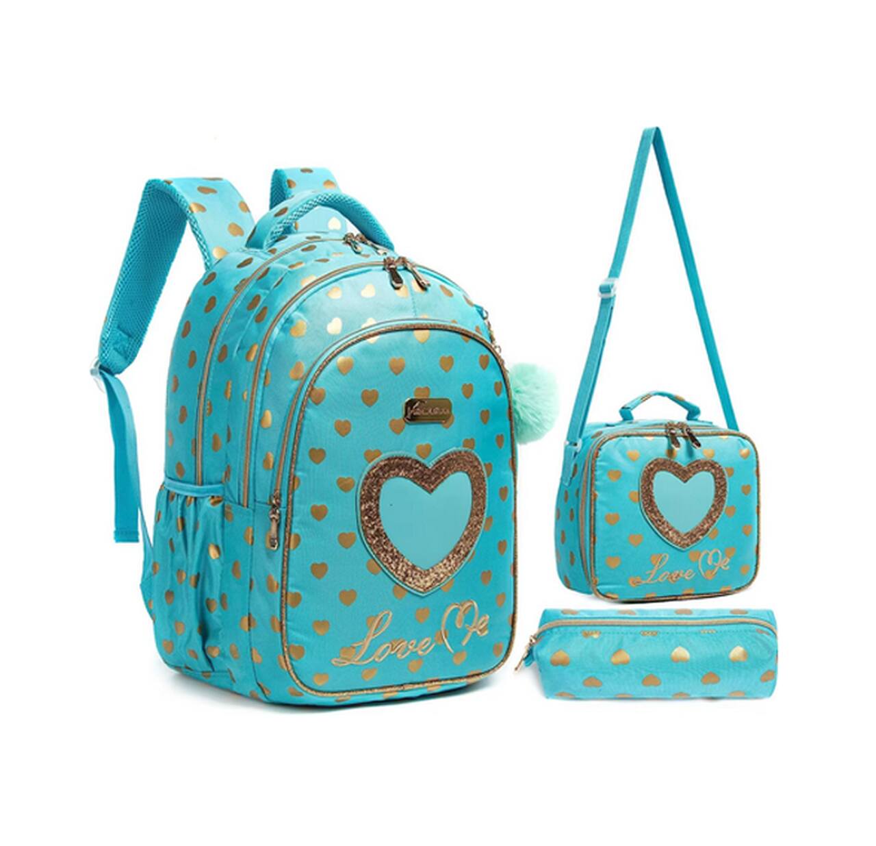 Pack Escolar verde com coração 3 peças: Mochila Grande + Lancheira + porta lápis