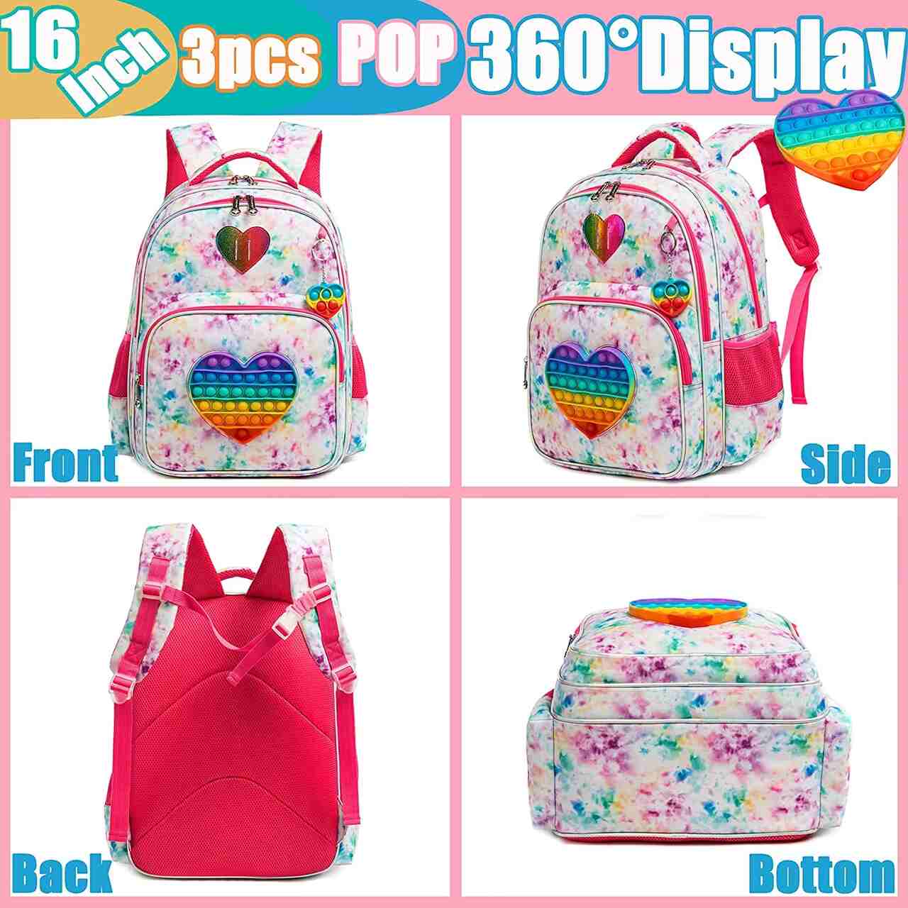 Conjunto Escolar POP coração 3 peças: Mochila + Lancheira + Porta Lápis