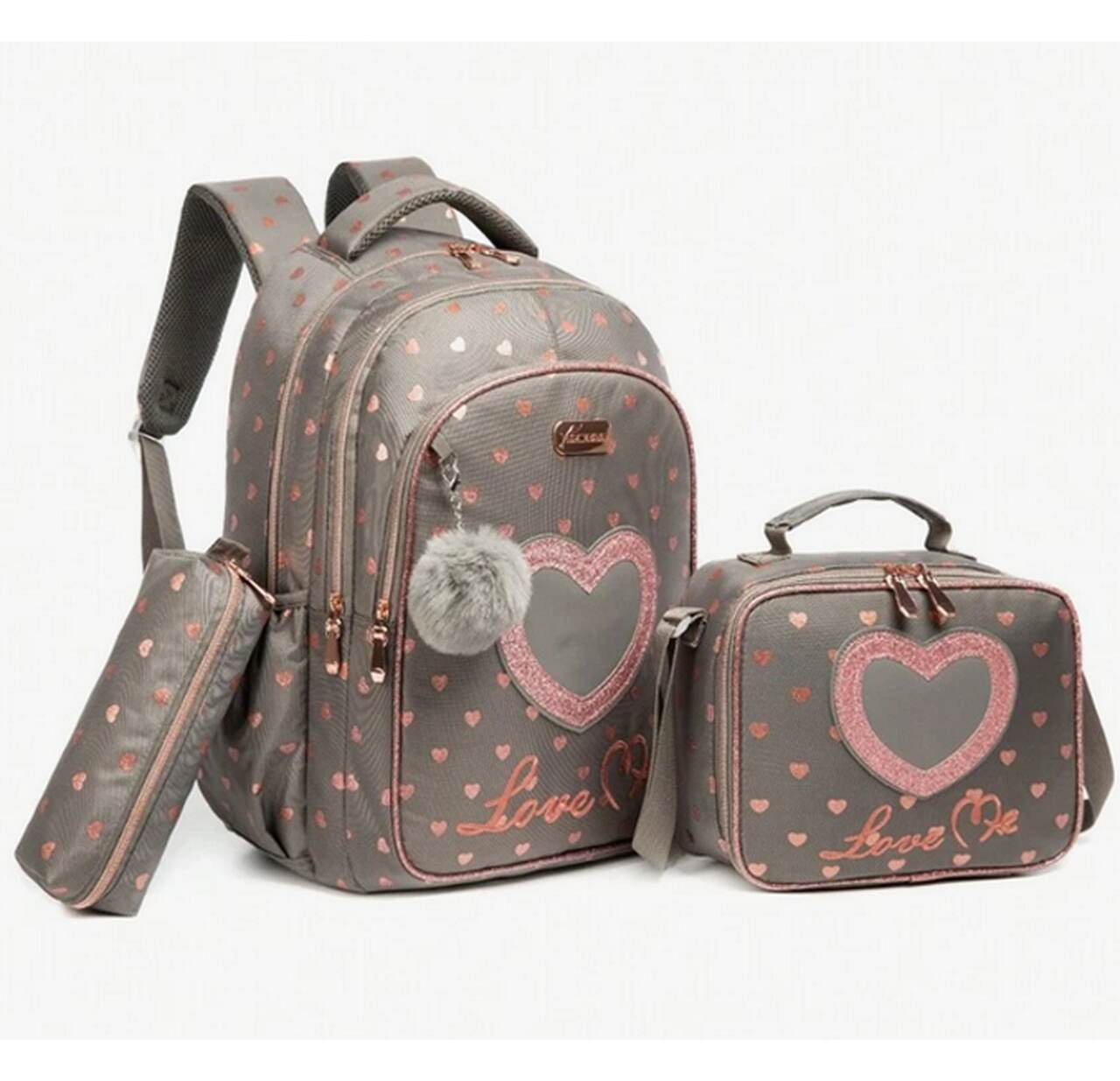 Pack Escolar coração cinza/rosa 3 peças: Mochila Grande + Lancheira + porta lápis