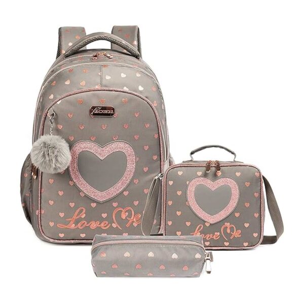 Pack Escolar coração cinza/rosa 3 peças: Mochila Grande + Lancheira + porta lápis