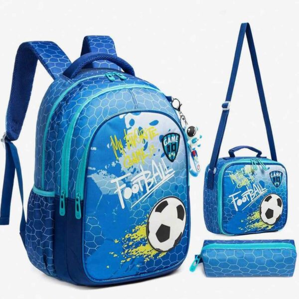 Pack Escolar azul futebol 3 peças: Mochila Grande + Lancheira + porta lápis
