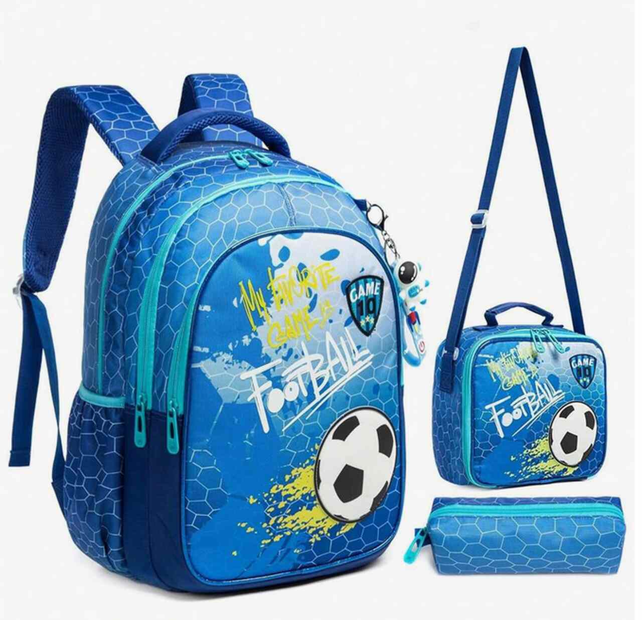 Pack Escolar azul futebol 3 peças: Mochila Grande + Lancheira + porta lápis