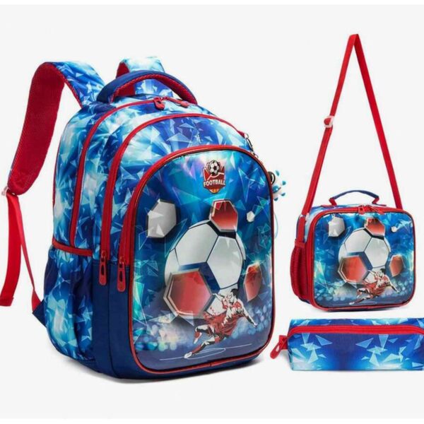 Pack Escolar futebol 3 peças: Mochila Grande + Lancheira + porta lápis