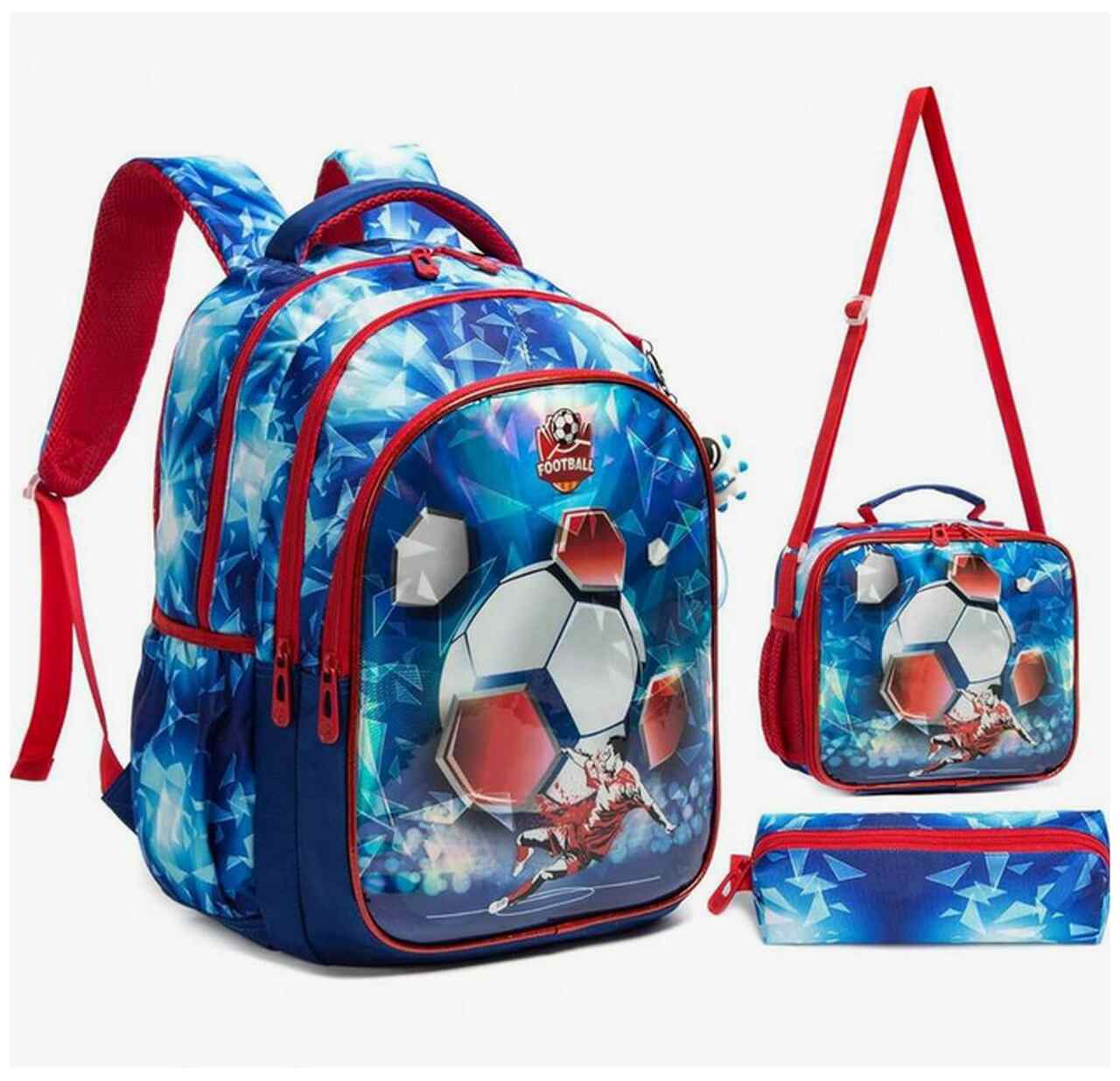 Pack Escolar futebol 3 peças: Mochila Grande + Lancheira + porta lápis