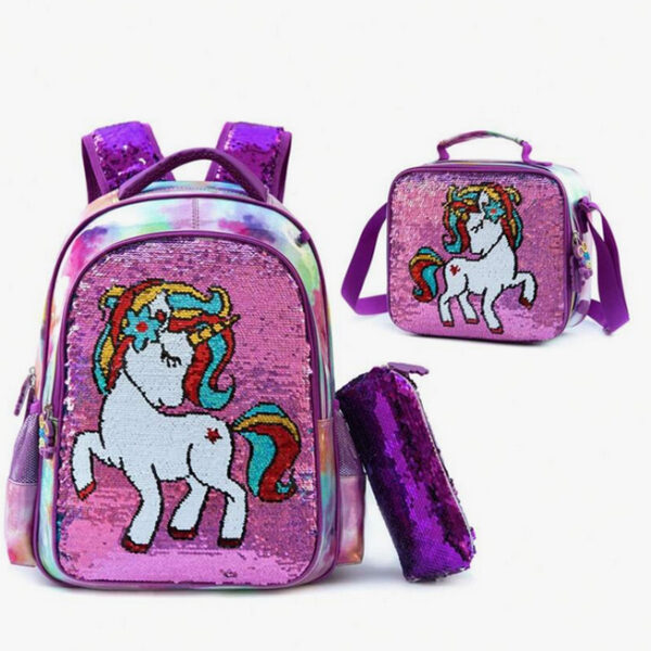 Pack Escolar lilas unicornio lantejoulas  3 peças: Mochila Grande + Lancheira + porta lápis