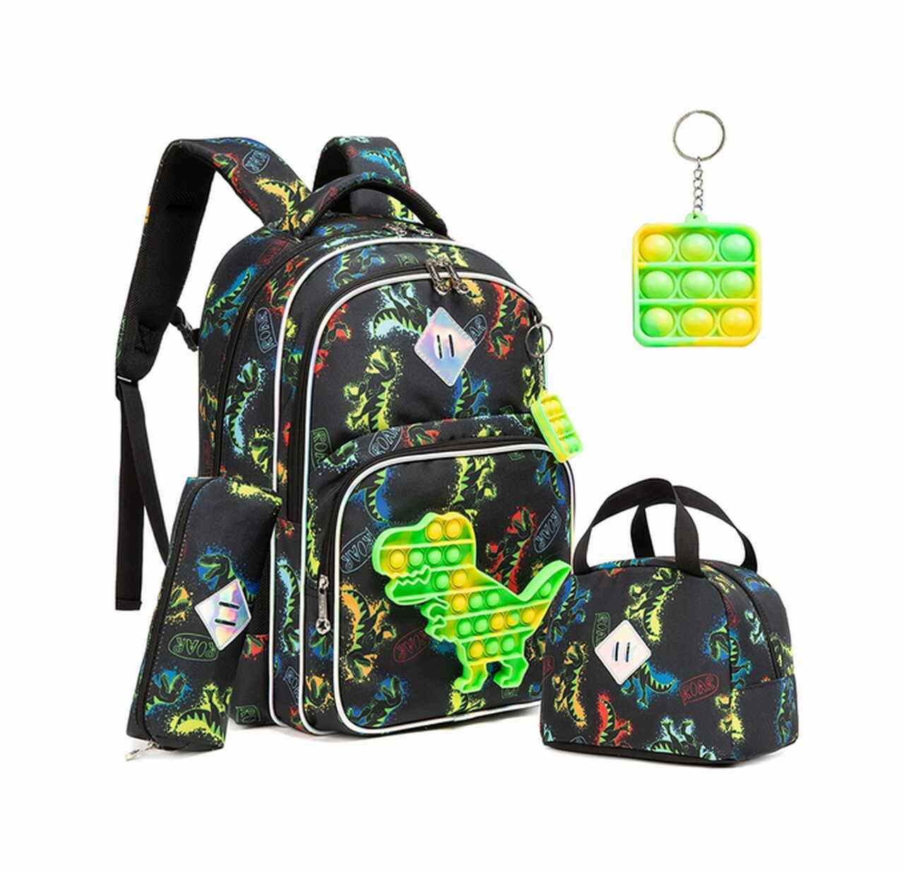 Conjunto Escolar dinossauro 3 peças: Mochila + Lancheira + Porta Lápis