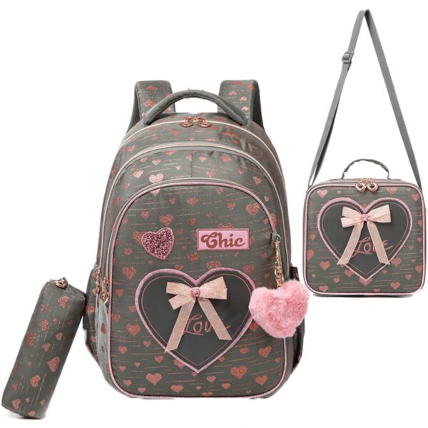 Pack Escolar coração cinza/rosa 3 peças: Mochila Grande + Lancheira + porta lápis laço