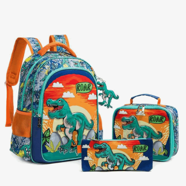 Pack Escolar dinossauro 3 peças: Mochila Grande + Lancheira + porta lápis
