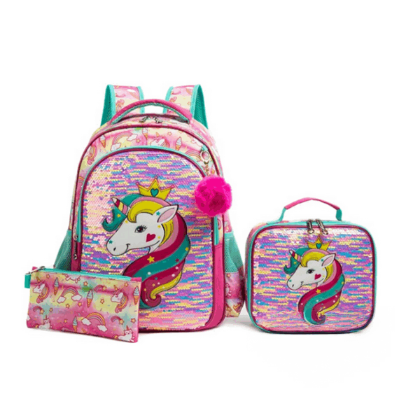 Pack Escolar rosa unicórnio lantejoulas 3 peças: Mochila Grande + Lancheira + porta lápis