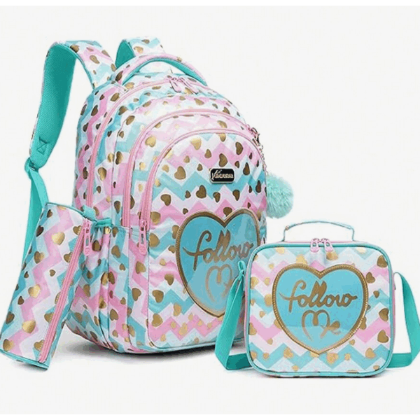 Pack Escolar rosa e verde com coração 3 peças: Mochila Grande + Lancheira + porta lápis