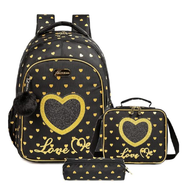 Pack Escolar coração preta/dourada 3 peças: Mochila Grande + Lancheira + porta lápis