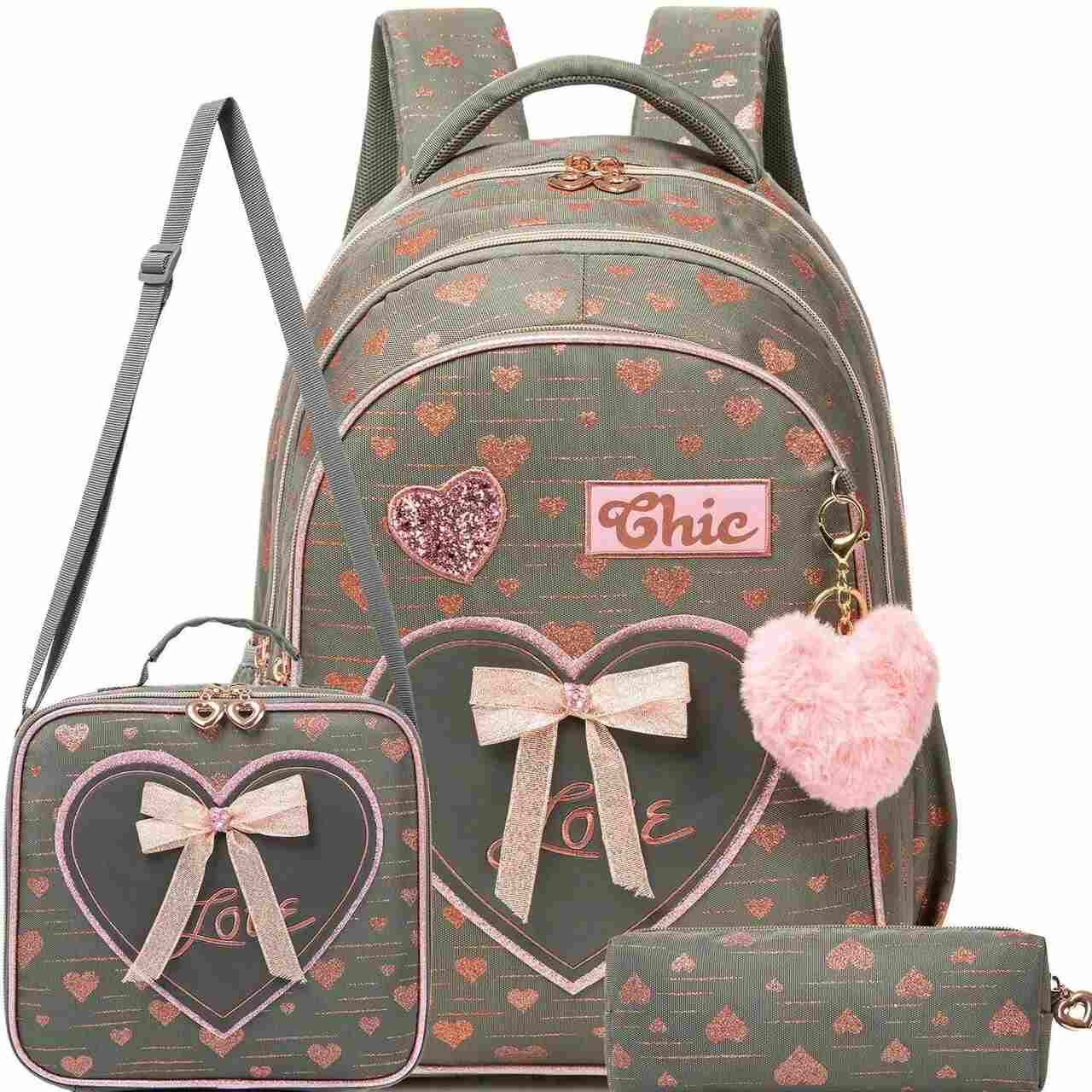 Pack Escolar coração cinza/rosa 3 peças: Mochila Grande + Lancheira + porta lápis laço