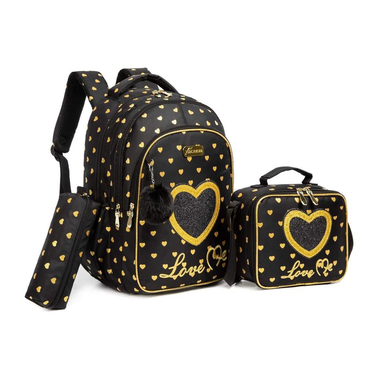 Pack Escolar coração preta/dourada 3 peças: Mochila Grande + Lancheira + porta lápis
